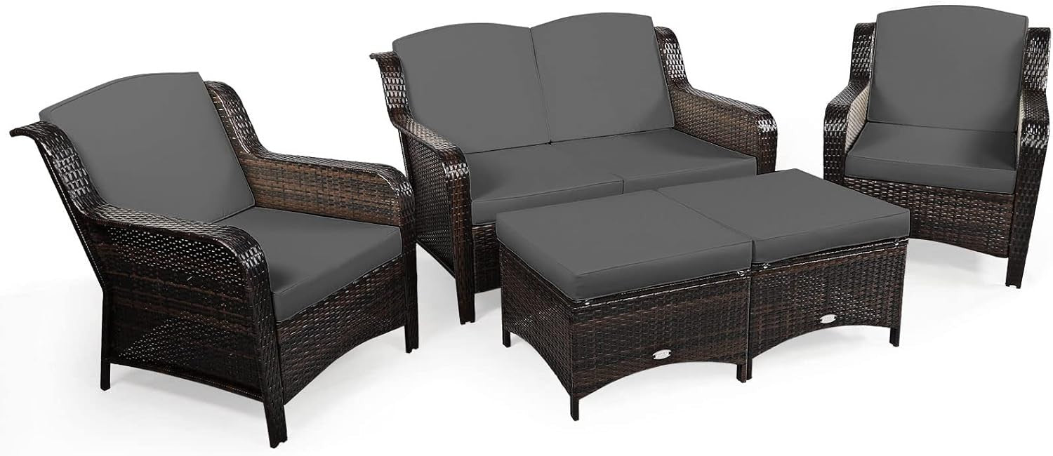 5-Piece Outdoor Rattan Patio Set with Loveseat, Sofas & Ottomans Grey