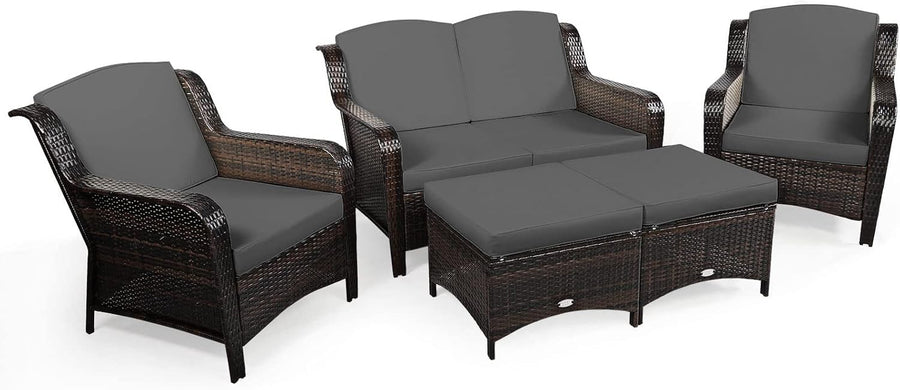 5-Piece Outdoor Rattan Patio Set with Loveseat, Sofas & Ottomans Grey