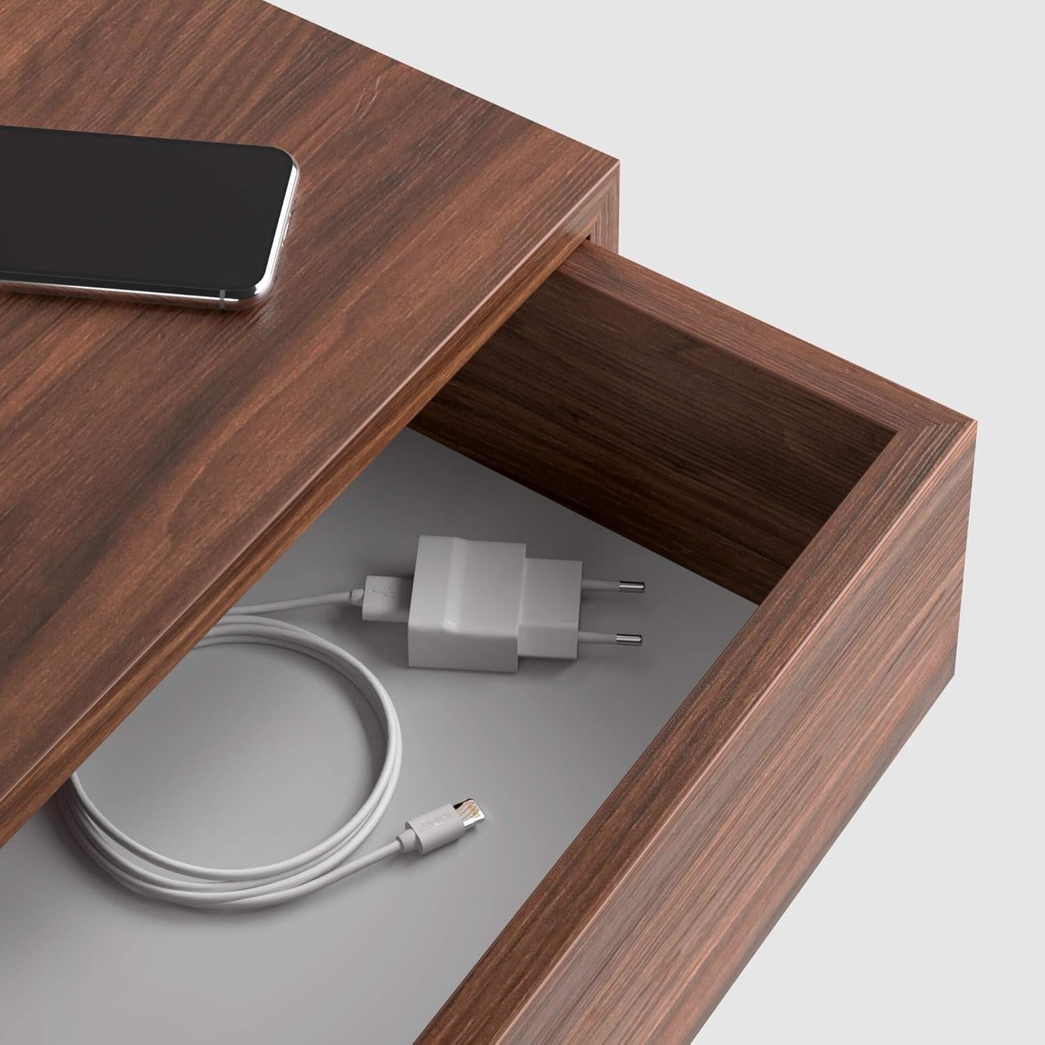 Floating Walnut Wall Bedside Table with Drawer – Modern Space Saving Nightstand