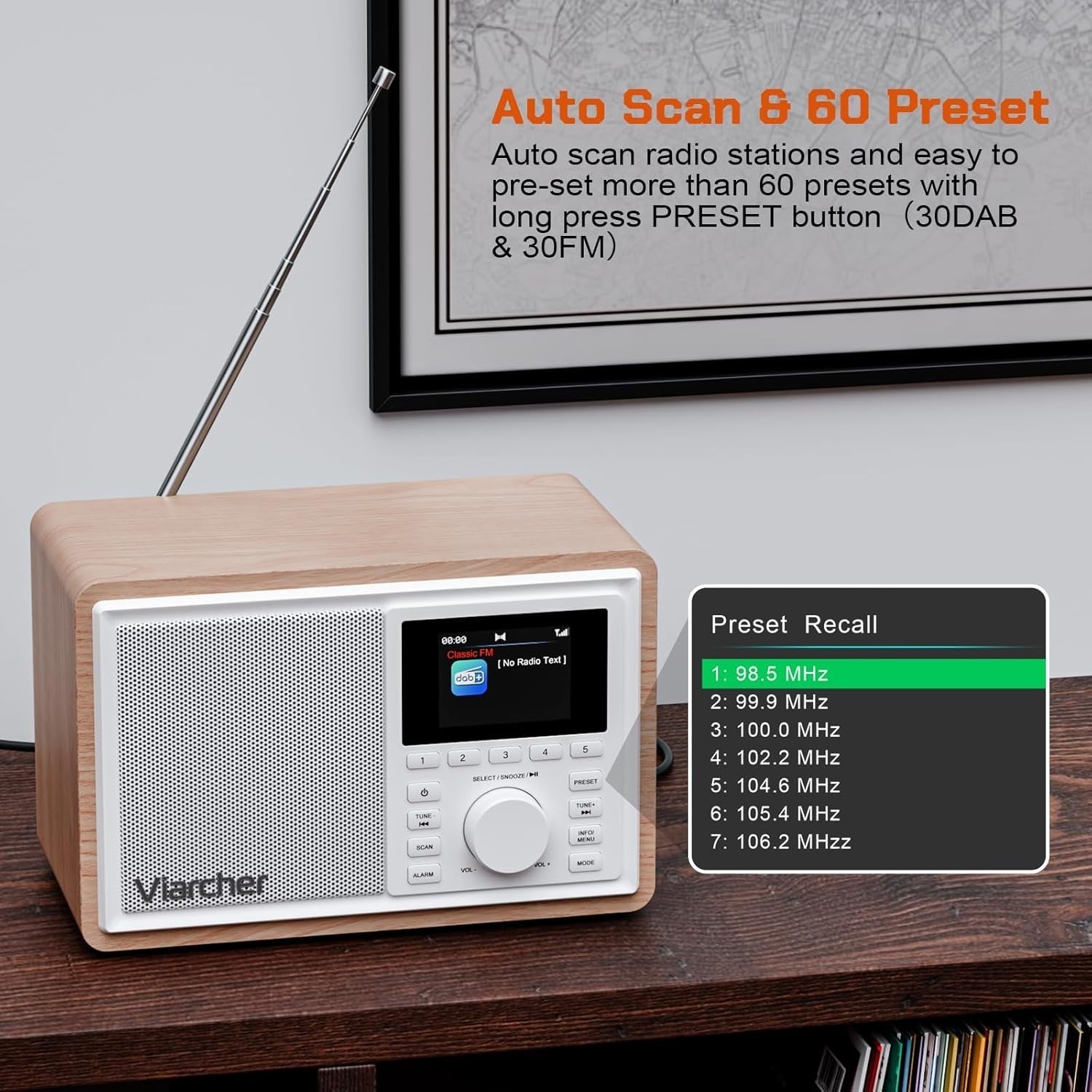 DAB+ FM Digital Kitchen Radio Bluetooth Dual Alarm 60 Presets White/Oak