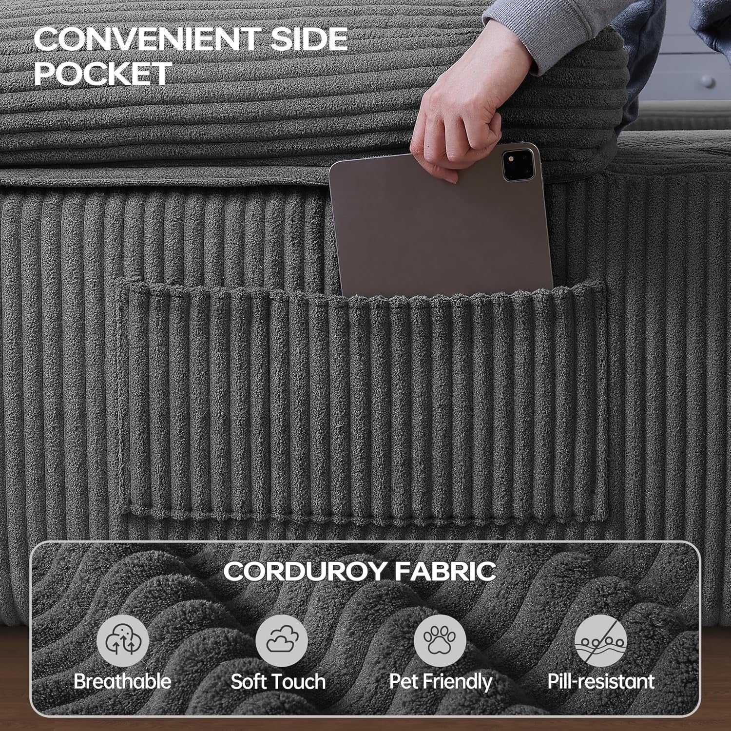 Modular U-Shaped Corduroy Sofa Bed with Memory Foam, Storage & No Assembly