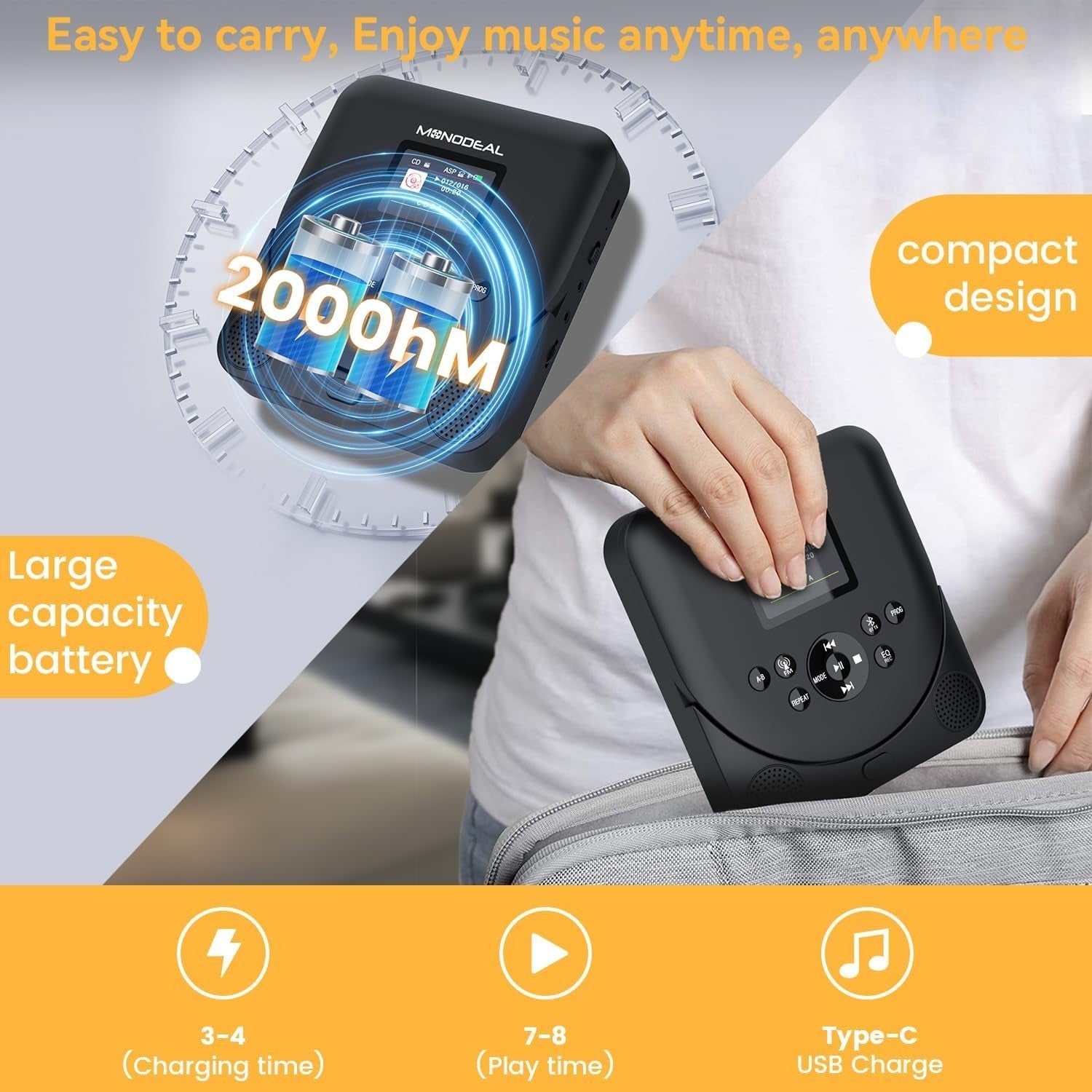 Portable CD Player Bluetooth TFT Display Rechargeable Anti Skip TF