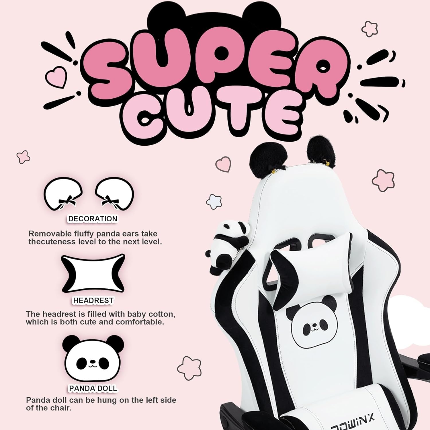 Cute Panda Ear Gaming Chair Massage Lumbar Footrest 290lbs