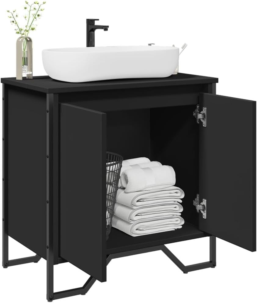 Modern Black Bathroom Vanity Unit – 2 Door Under Sink Storage Cabinet 60x60cm