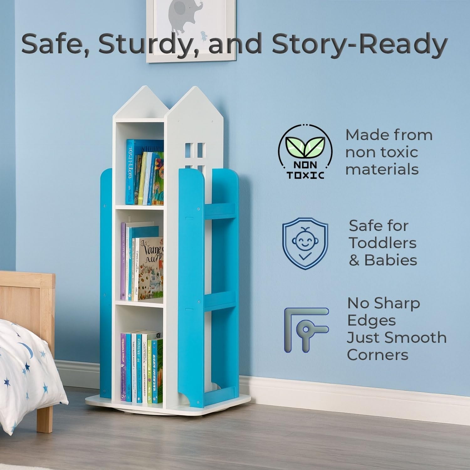360° Rotating Kids Bookshelf 10-Shelf Freestanding Space-Saving Bookcase Blue