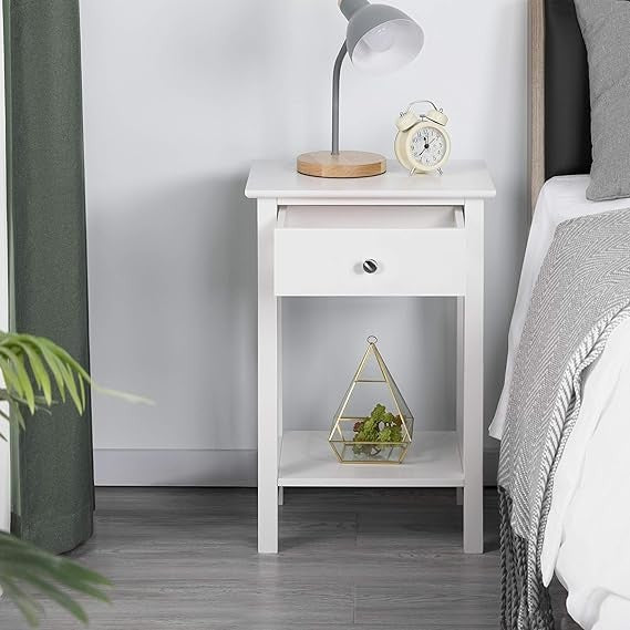 White Bedside Table with Drawer & Shelf | Modern Wooden Nightstand 30x40x61cm