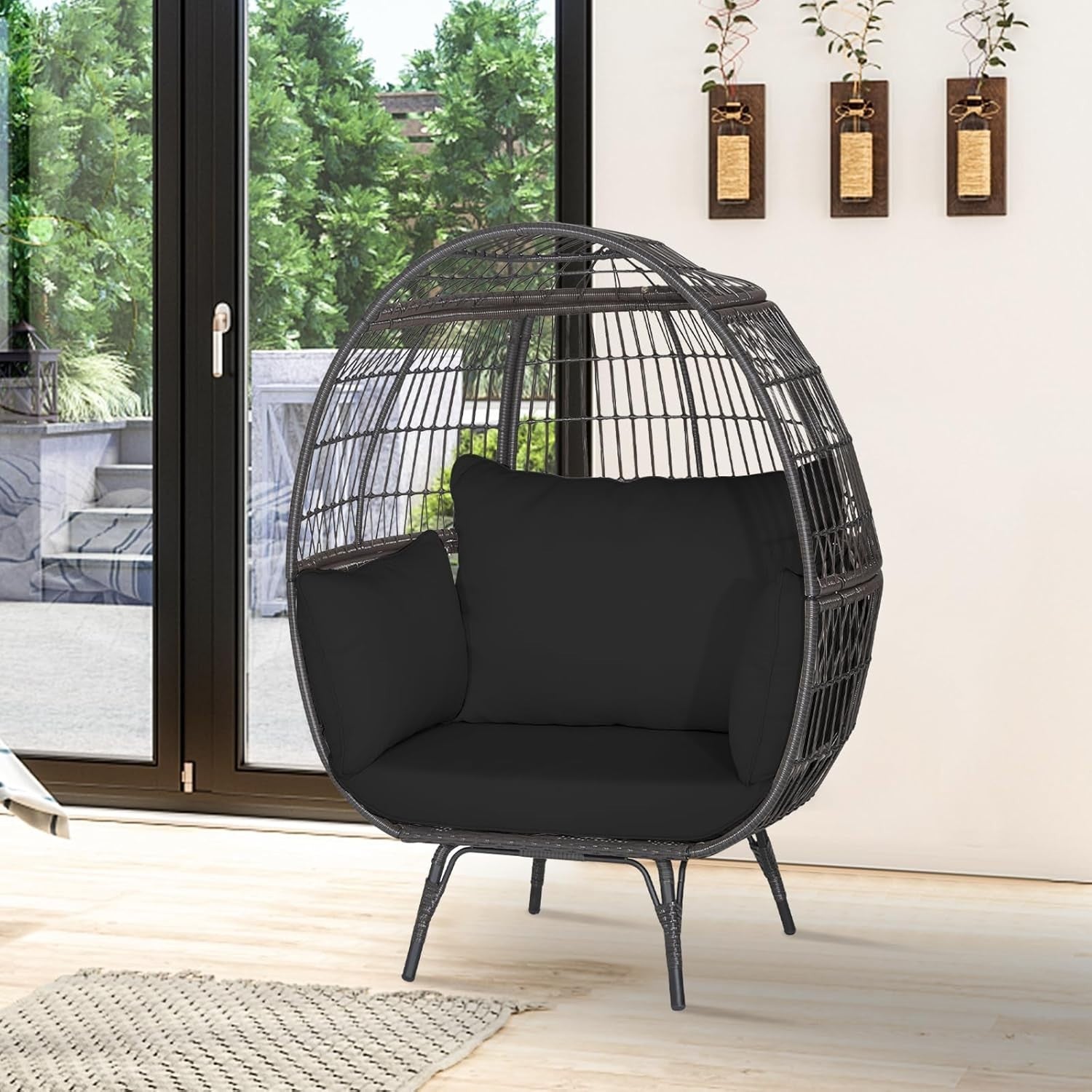 Black Two Seater Rattan Egg Chair Oversized Cushioned Freestanding Lounger