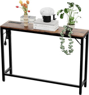 Narrow Console Table with Charging Station & USB Ports, 23x100x80cm, Brown