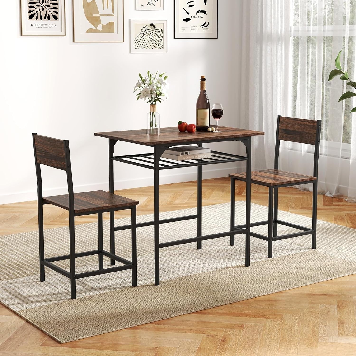 Dining Table Set Storage Rack & 2 Stools, Rustic Brown Space Saving Kitchen Set