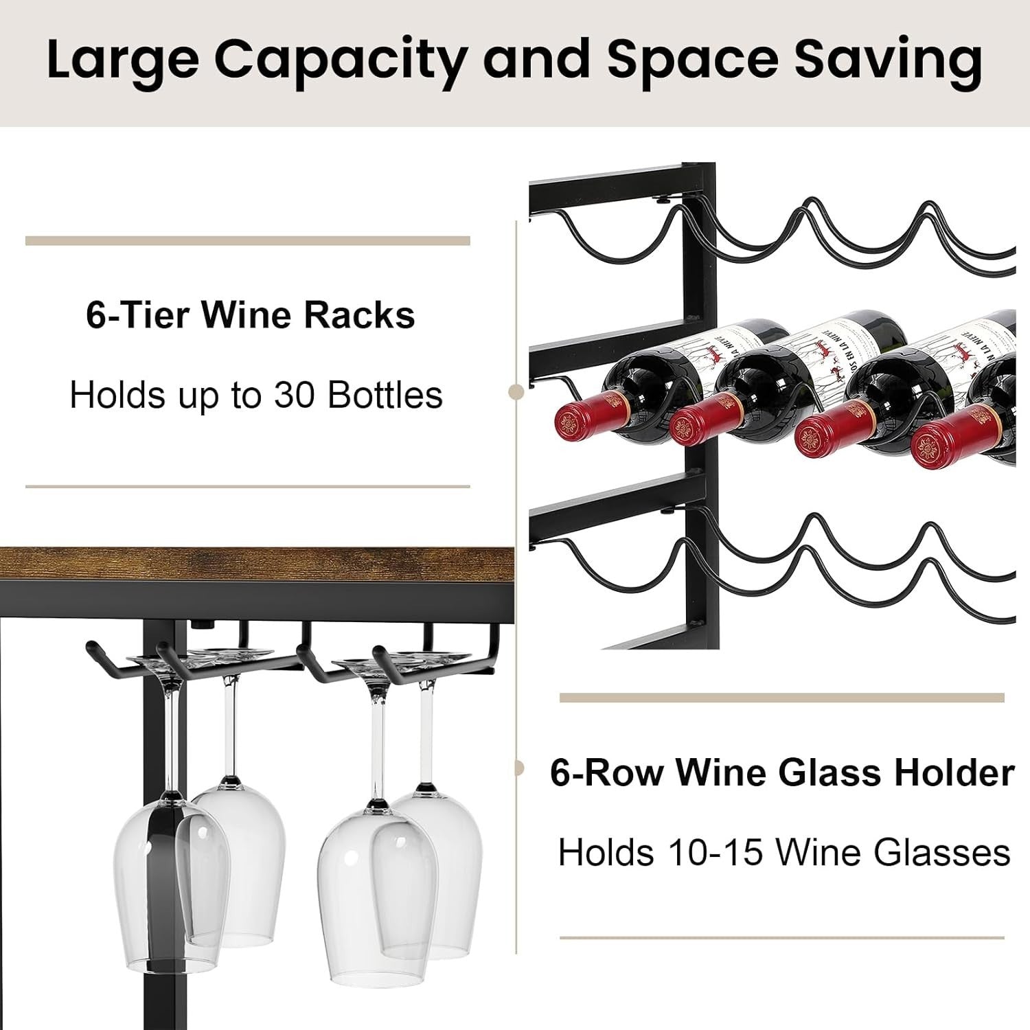 30 Bottle Wine Rack with Glass Holder & Shelves, 6-Tier Freestanding Bar