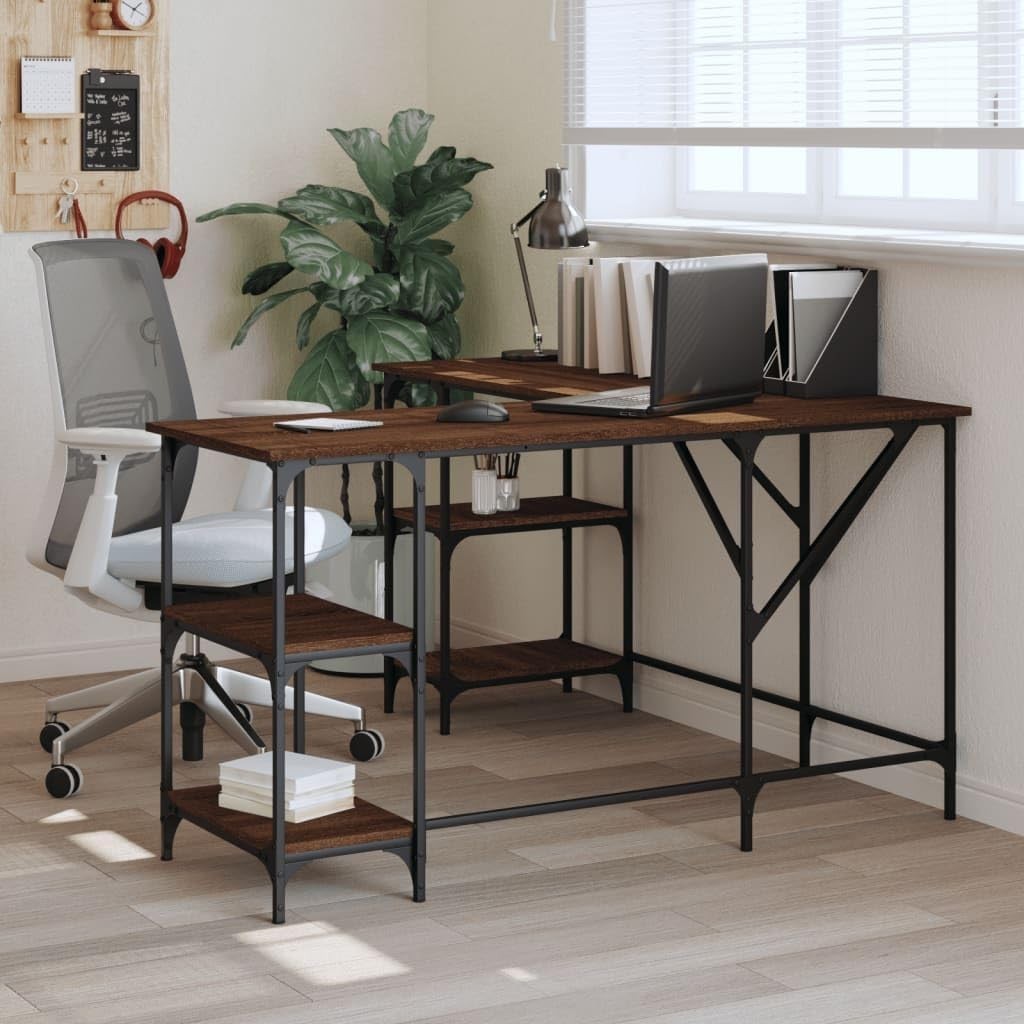 L-Shape Corner Desk with Shelves 139cm Brown Oak Home Office Computer Table