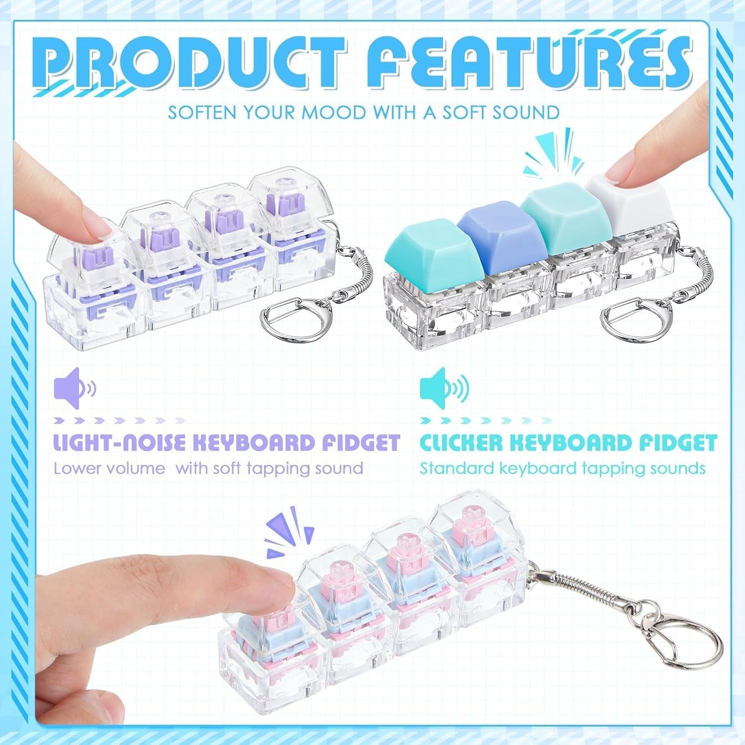 4pcs LED Keyboard Clicker Fidget Toy Stress Relief Keychain Set