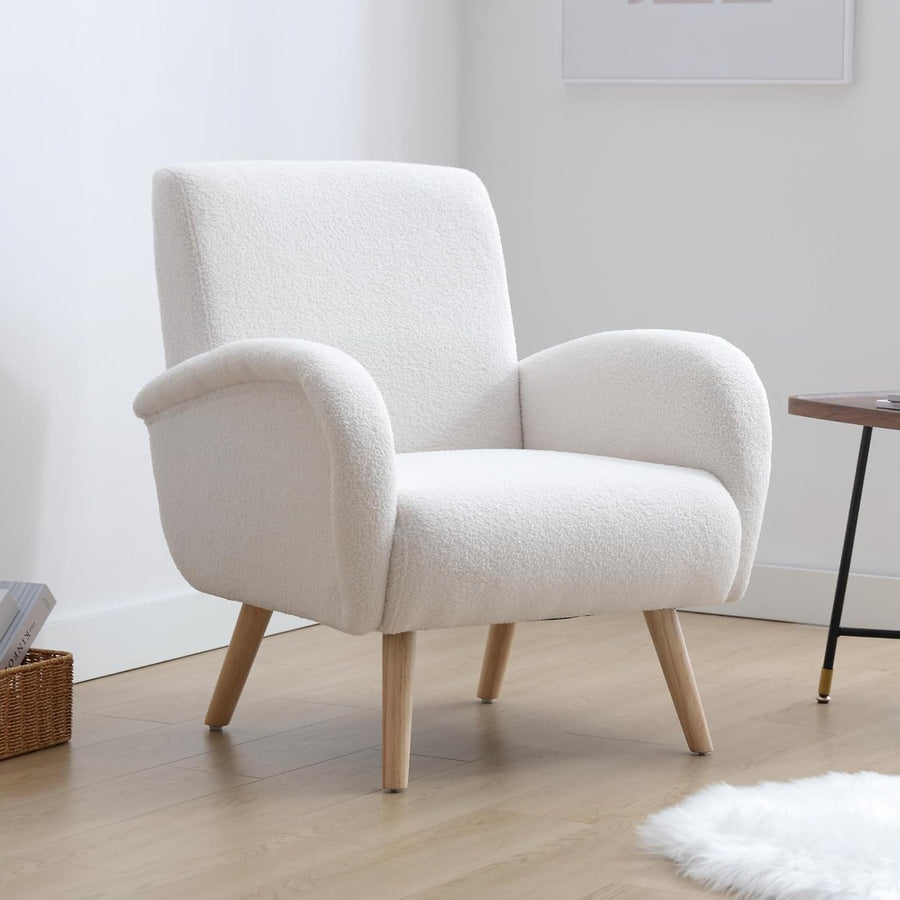 White Faux Fur Accent Tub Chair Wooden Legs Modern Armchair