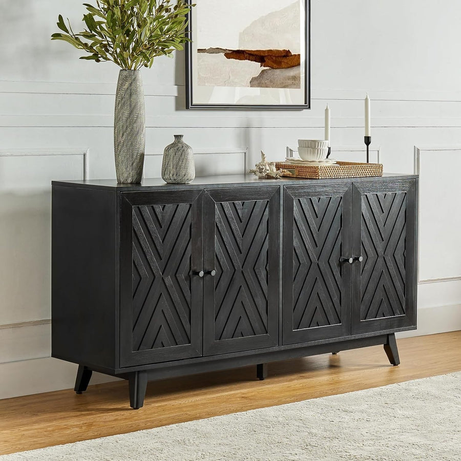 Black Chevron Sideboard Cabinet Solid Wood Legs Adjustable Shelves Storage