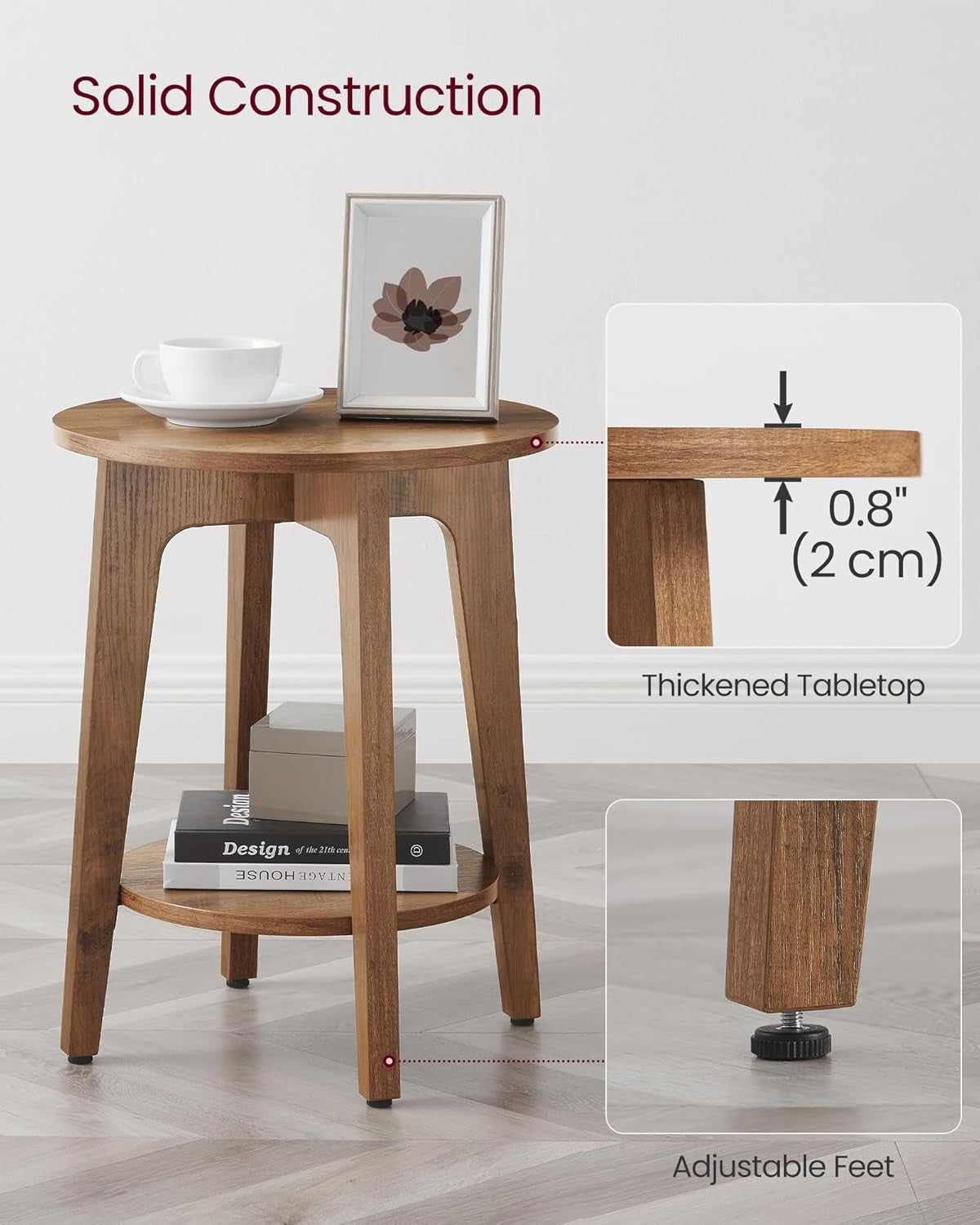Rustic Round Side Table with Shelf, Small Bedside End Table for Living Rooms