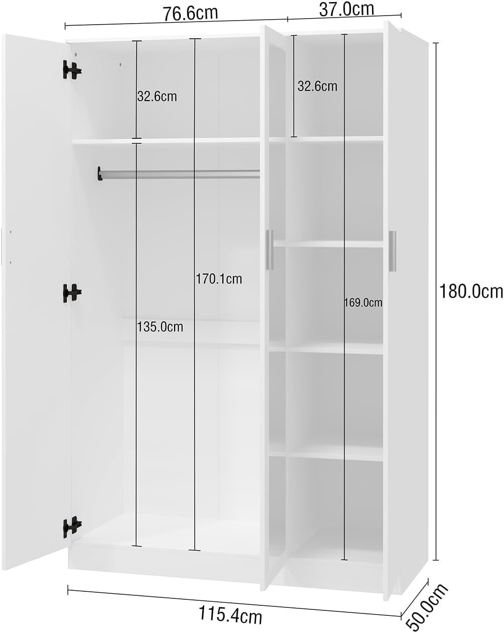 3-Door White Mirrored Wardrobe with Hanging Rail & 6 Storage Compartments