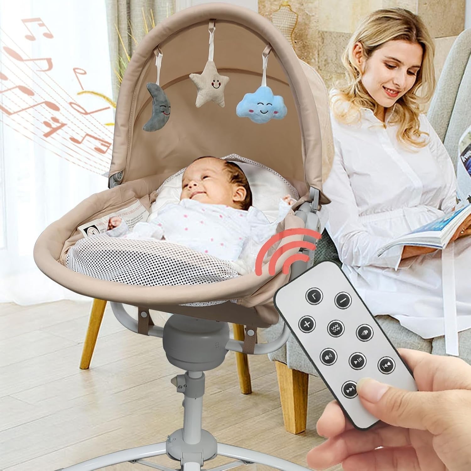 3in1 Electric Baby Cradle Bluetooth Bassinet with Music, Remote & Wheels Khaki