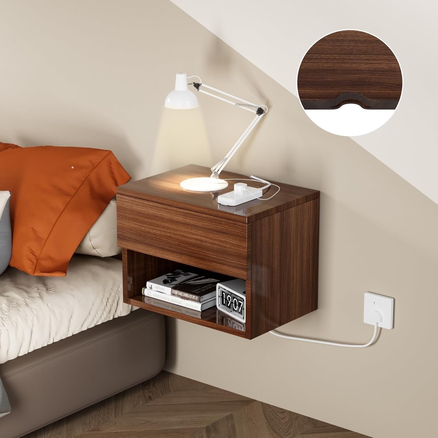 Modern Floating Walnut Bedside Tables Set of 2 – Wall Mounted Drawers & Shelves