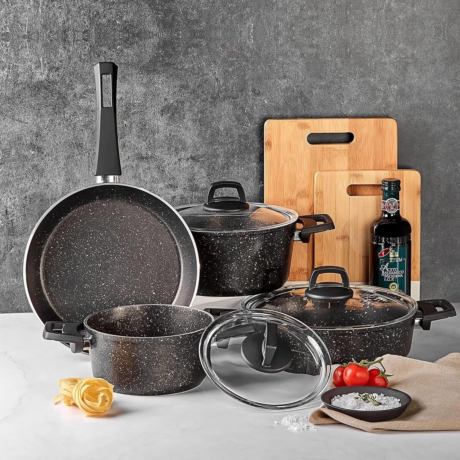 7pcs BlackGold Granite Non Stick Induction Cookware Set With Lid PFOA Free