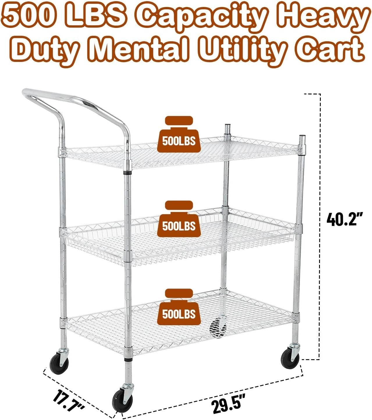 Heavy Duty 3 Shelf Rolling Utility Cart Metal Storage Trolley Wheels