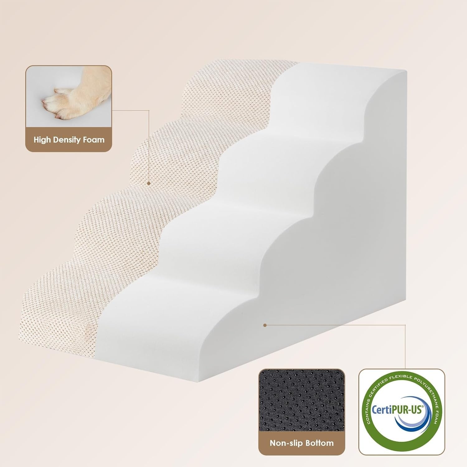 4 Step Dog Stairs for High Bed Non Slip Foam Pet Steps Washable Cream