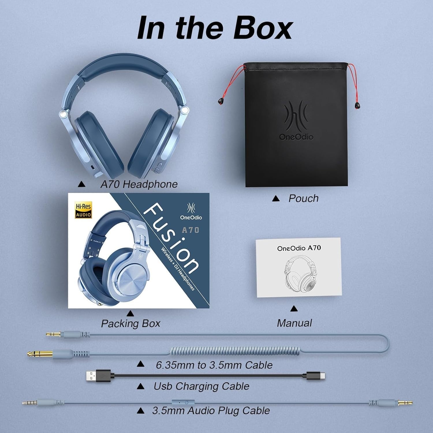 OneOdio A70 Blue Over Ear Headphones Wireless Wired DJ Studio 72H Playtime