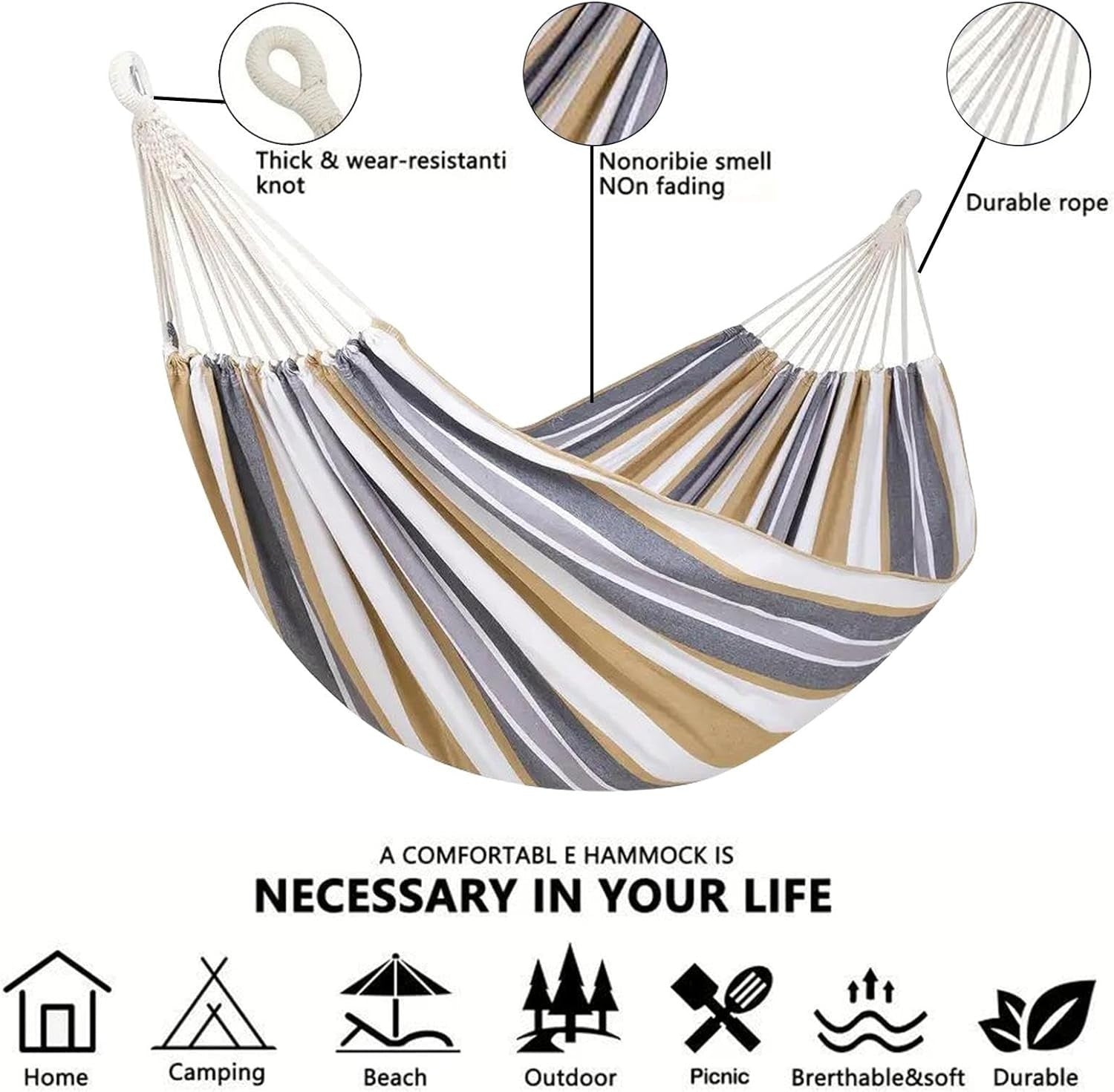 Spacious 2-Person Outdoor Hammock, Thick Striped Cotton-Poly, Garden & Beach