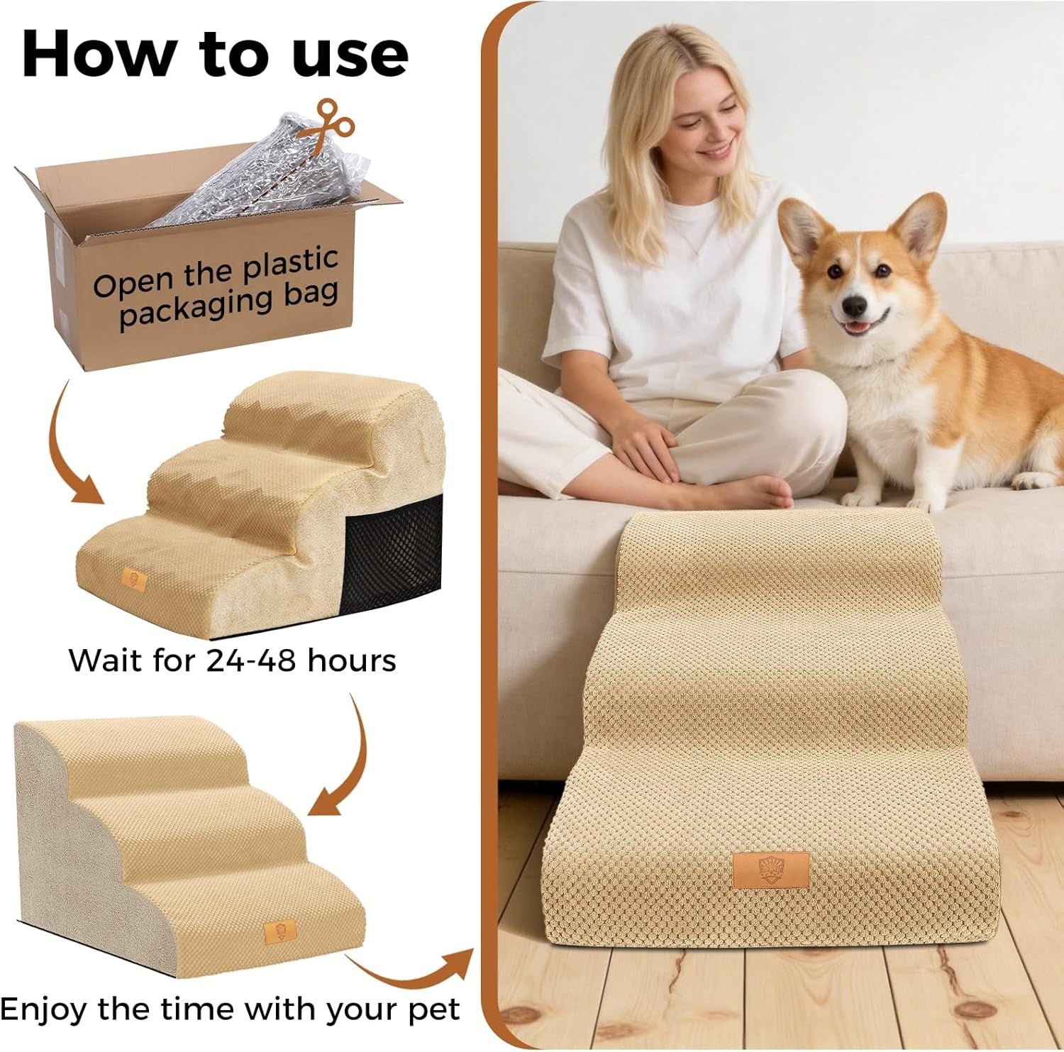 Beige 3 Step Dog Ramp Stairs 30D Foam Waterproof 60x40x40cm