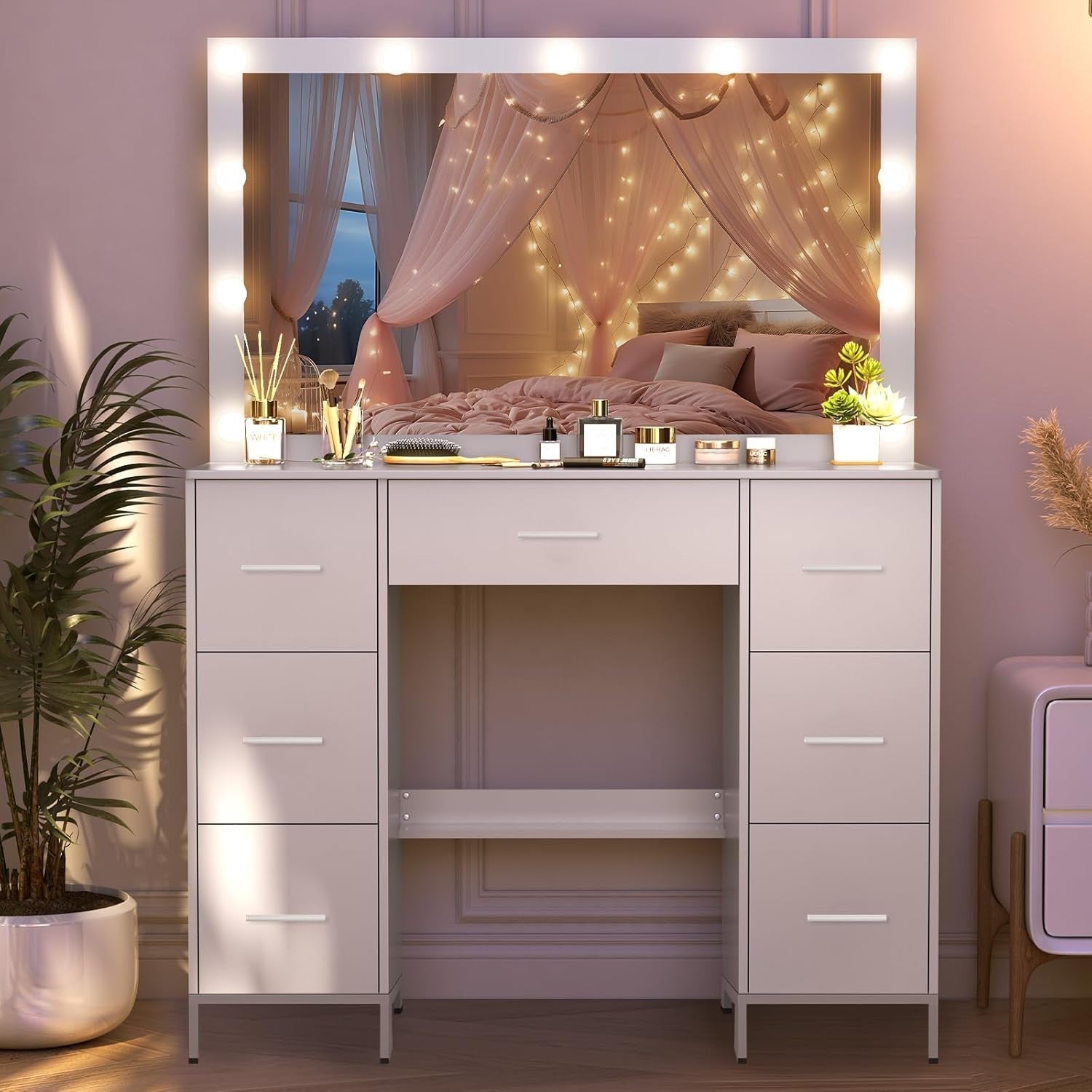 White Vanity Dressing Table with 11 LED Light Mirror, 7 Drawers, Modern Style