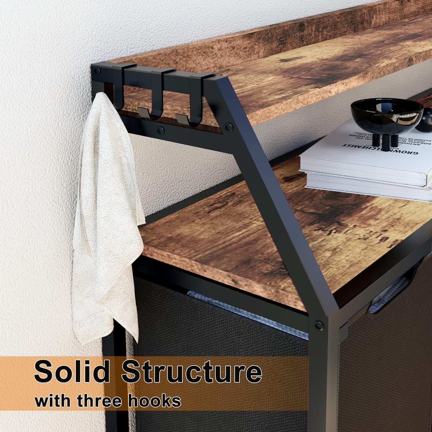 64L Laundry Sorter on Wheels with Shelves Rustic Wood Top Pull-Out Clothes