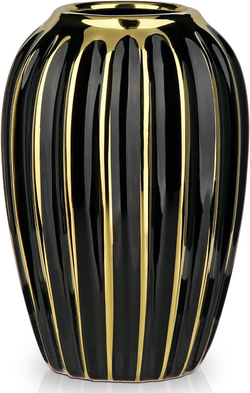 Black Gold Ribbed Ceramic Vase Luxury Floral Table Décor 8.2 Inch
