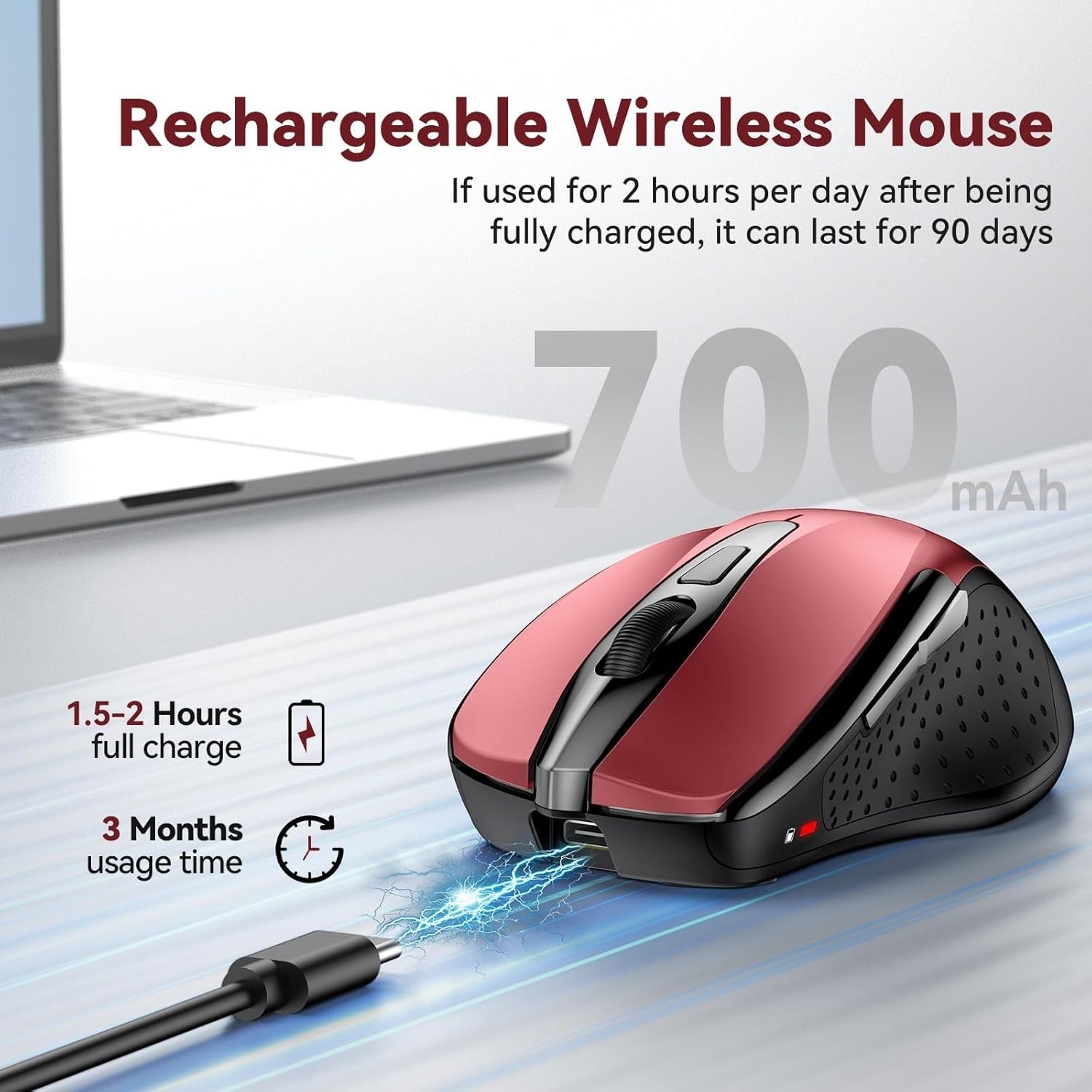 Silent Rechargeable Bluetooth Mouse 4800 DPI Ergonomic Red Wireless Laptop PC