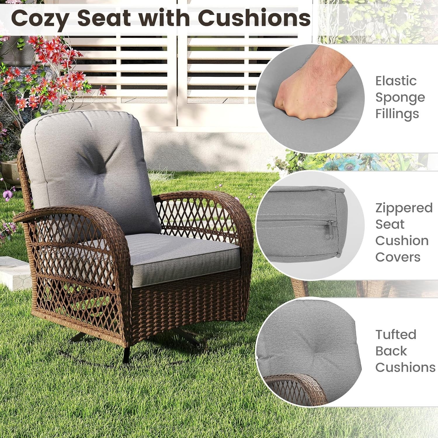 360° Swivel Rattan Patio Chairs Set w/Table Cushions Outdoor Garden
