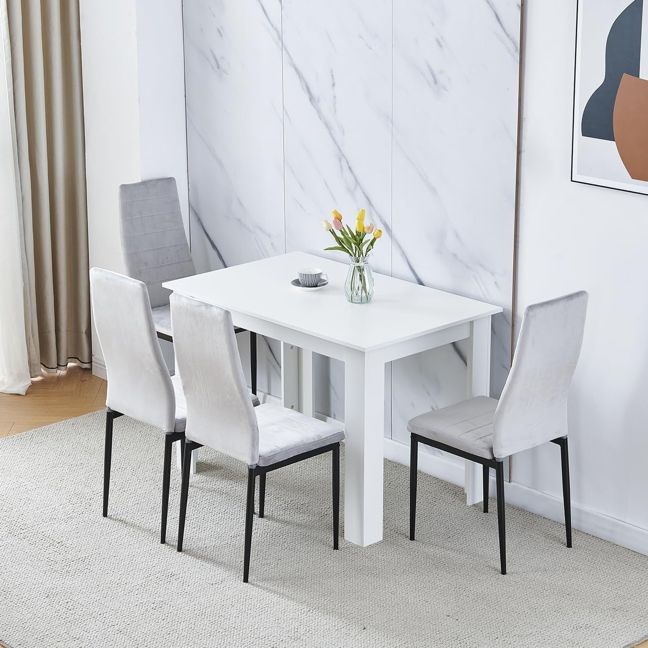 Modern 5-Piece Dining Set White Table Grey Velvet Chairs Compact Kitchen
