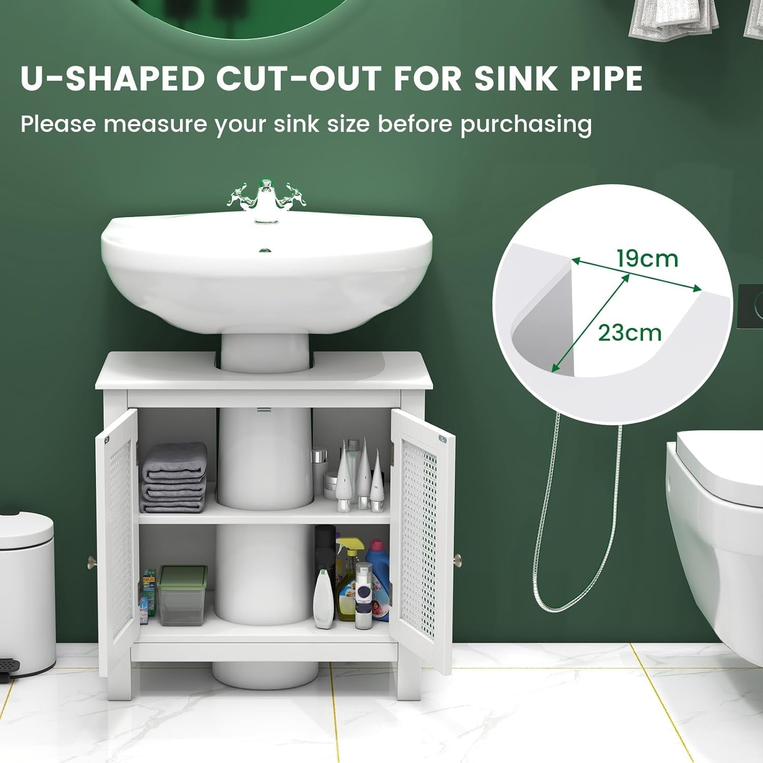 White Under Sink Bathroom Cabinet with Rattan Doors Storage Unit 60x30x60cm