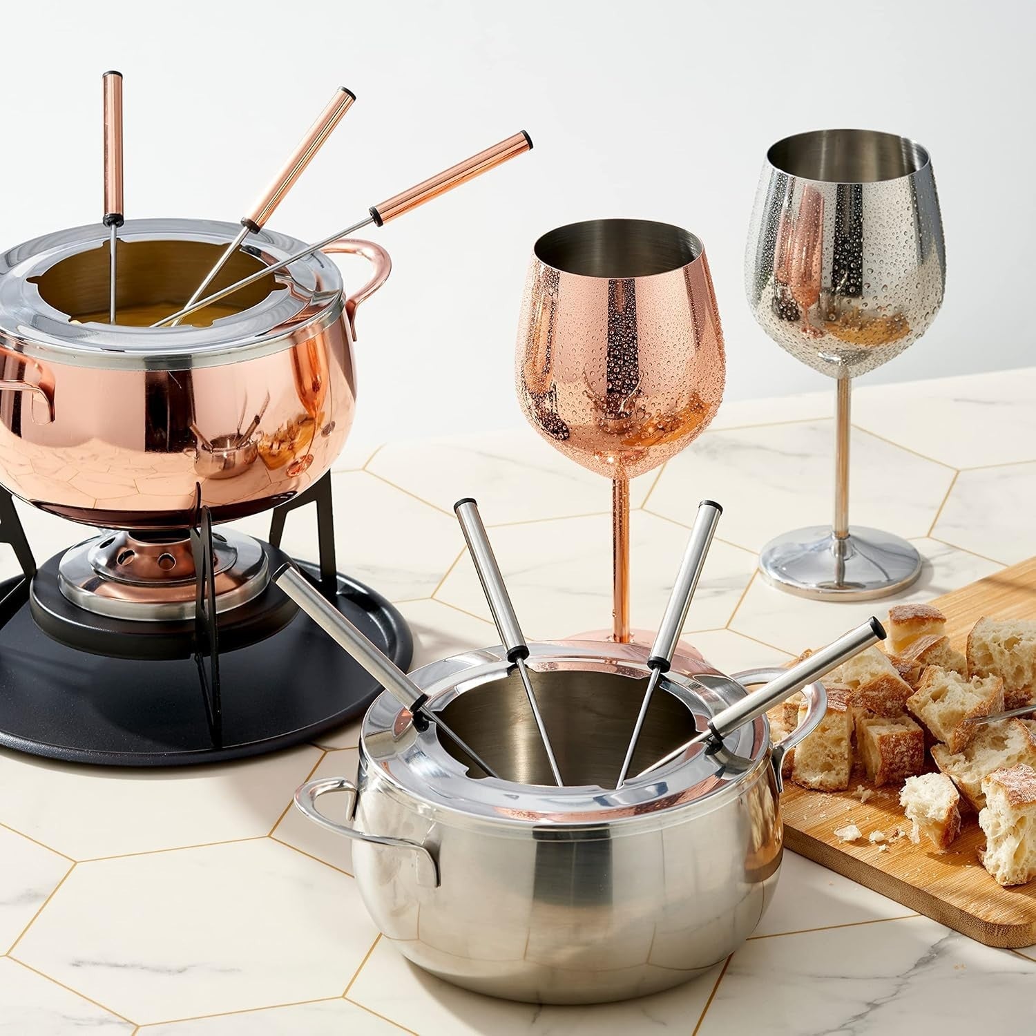 Rose Gold Stainless Steel Fondue Set Cheese Chocolate Pot 6 Person