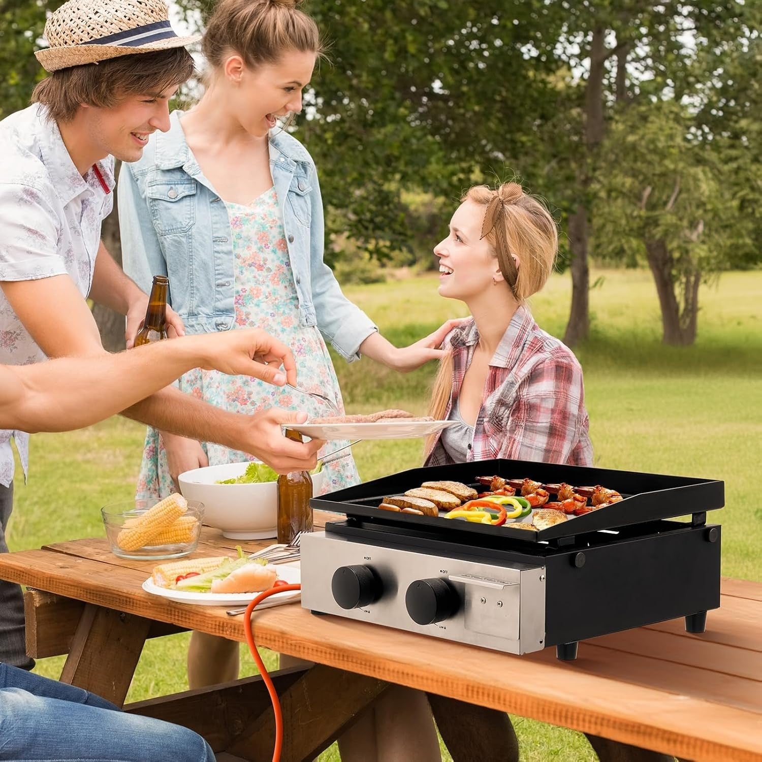 Portable 2 Burner Gas BBQ Grill Ceramic Cast Iron Plate Outdoor Camping Cooking