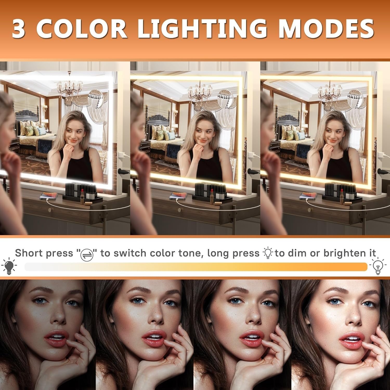 LED Vanity Mirror 80x58cm with Lights, 3 Light Modes, Touch Dimming Wall/Table