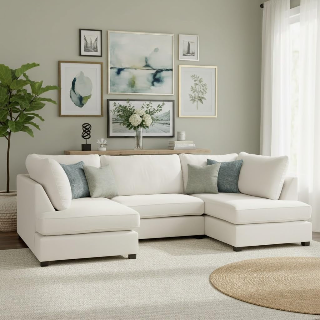Cream Velvet U-Shaped Modular 5 Seater Sofa - Cinema Corner + Footstool
