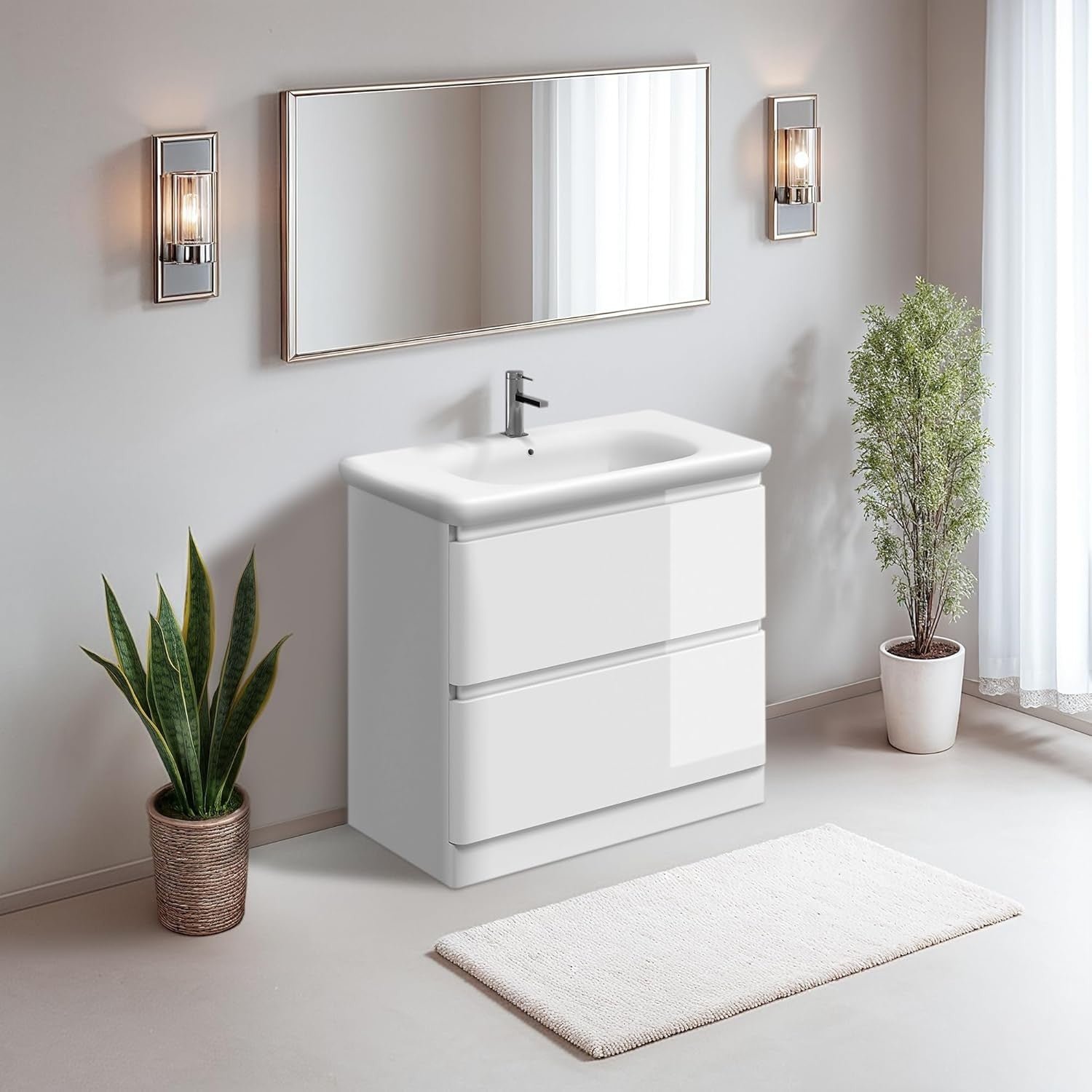 900mm Gloss White Vanity Unit with Basin Floor Standing Bathroom Cabinet