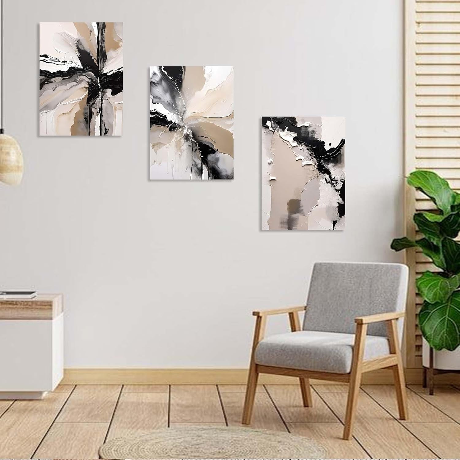 Beige Abstract Canvas Wall Art Set of 3 12x16 Framed Modern