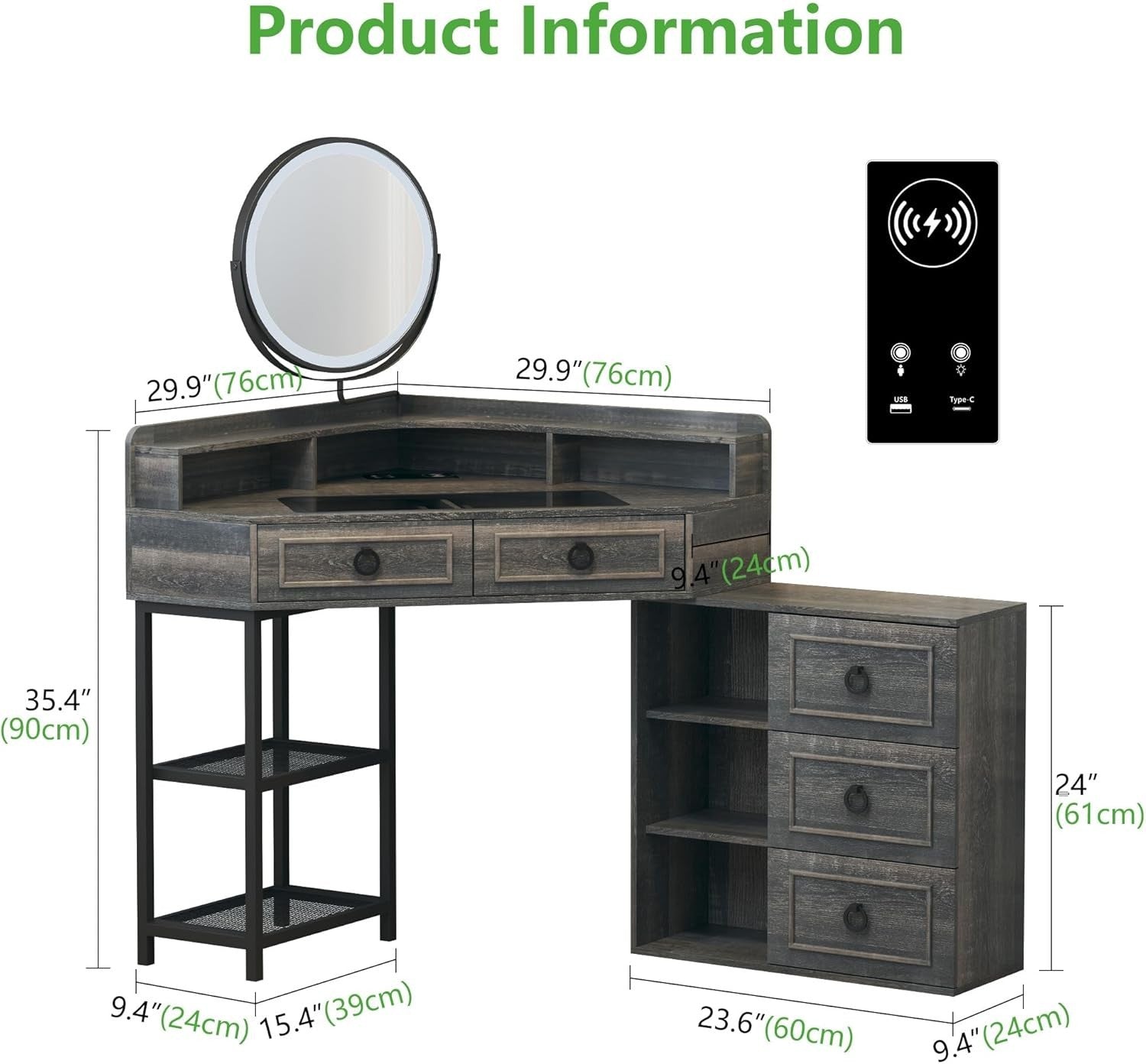 Large Rustic Dressing Table Makeup Vanity LED Light Mirror 5 Drawers Storage
