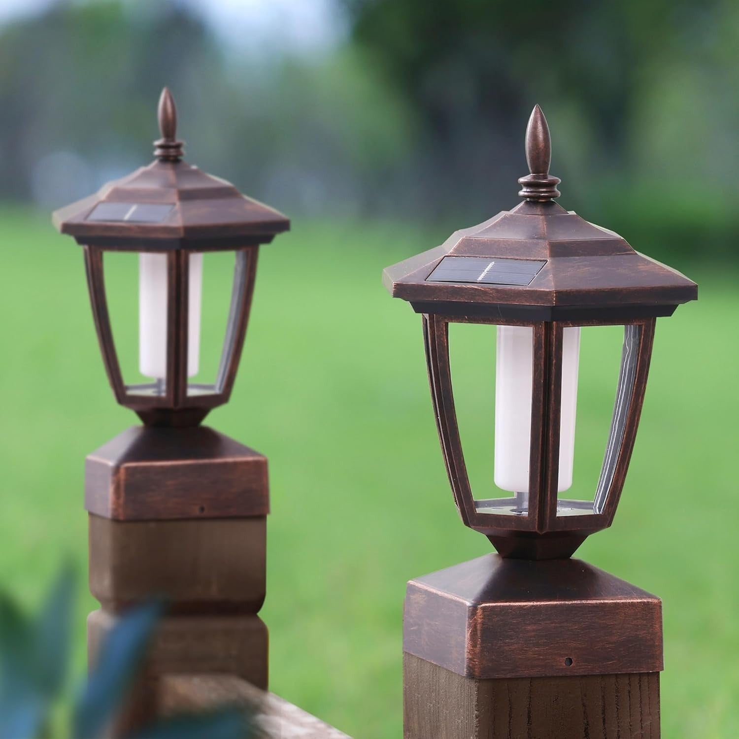 4 Pack Bronze Solar Flame Post Lights LED Outdoor Fence Lanterns
