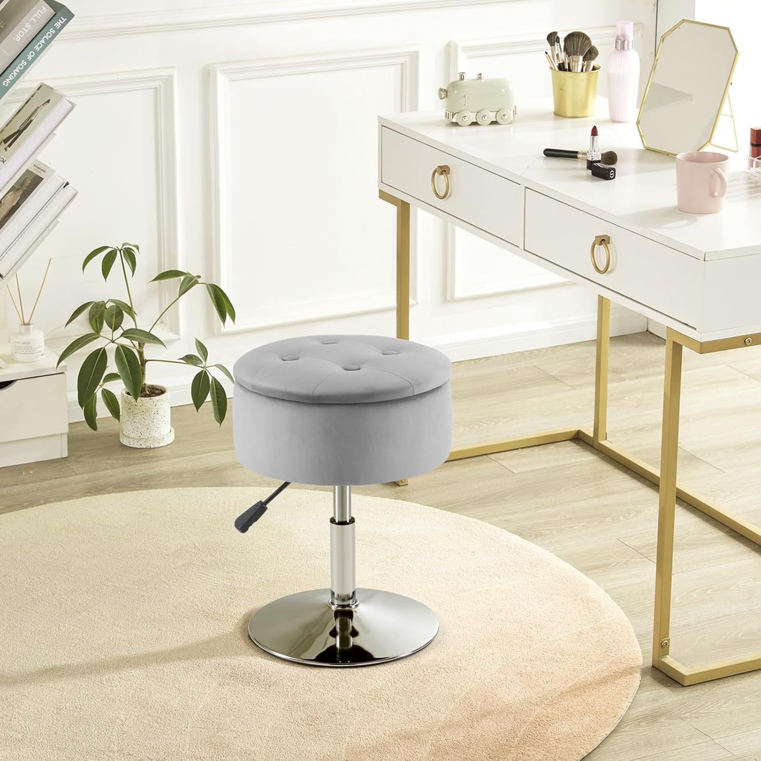 Grey Velvet Vanity Stool with Storage Adjustable Swivel Makeup Chair Chrome Base