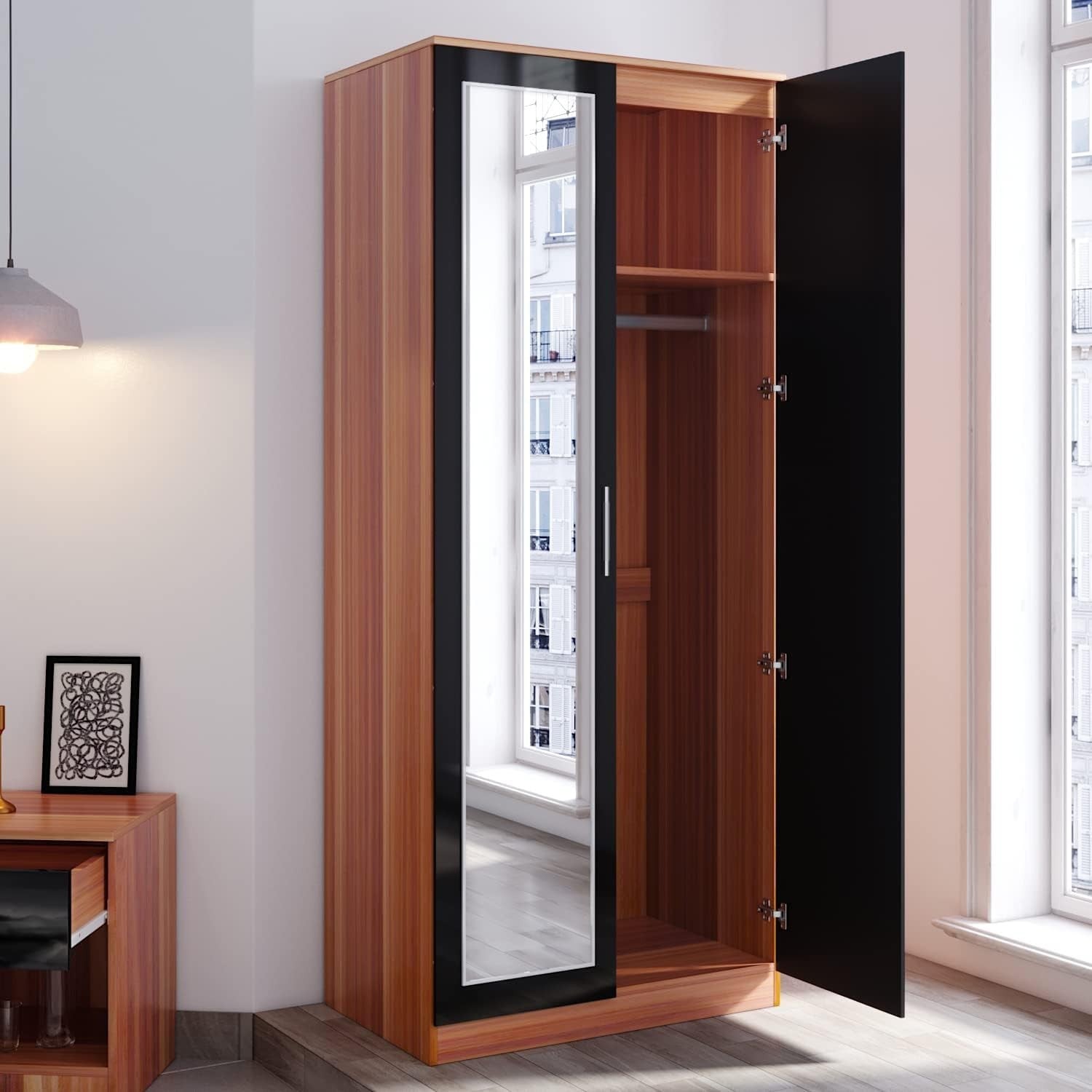 2 Door Mirrored Wardrobe Black/Walnut High Gloss Closet Storage Unit