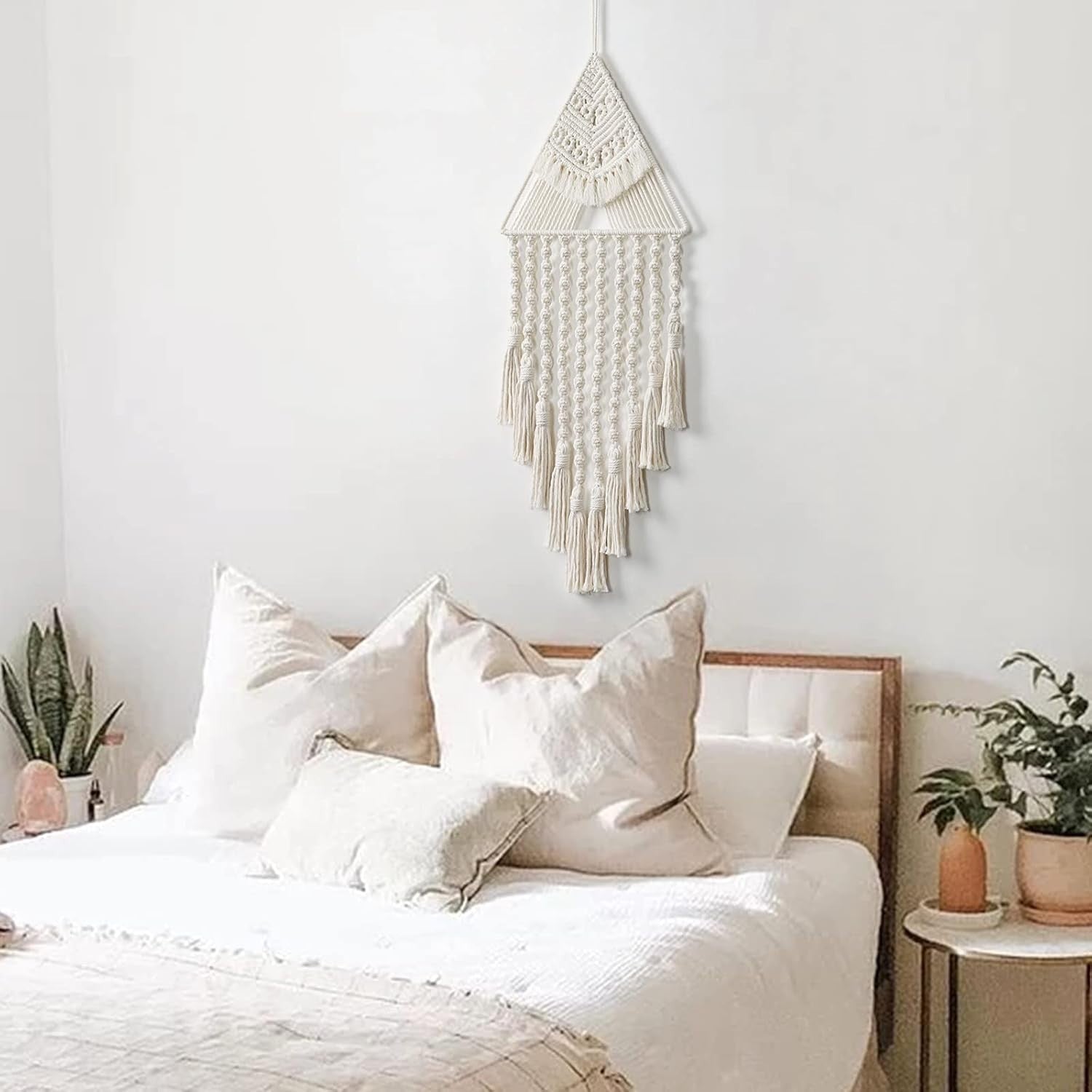 Beige Triangle Macrame Wall Hanging 27" Cotton Tassel Tapestry