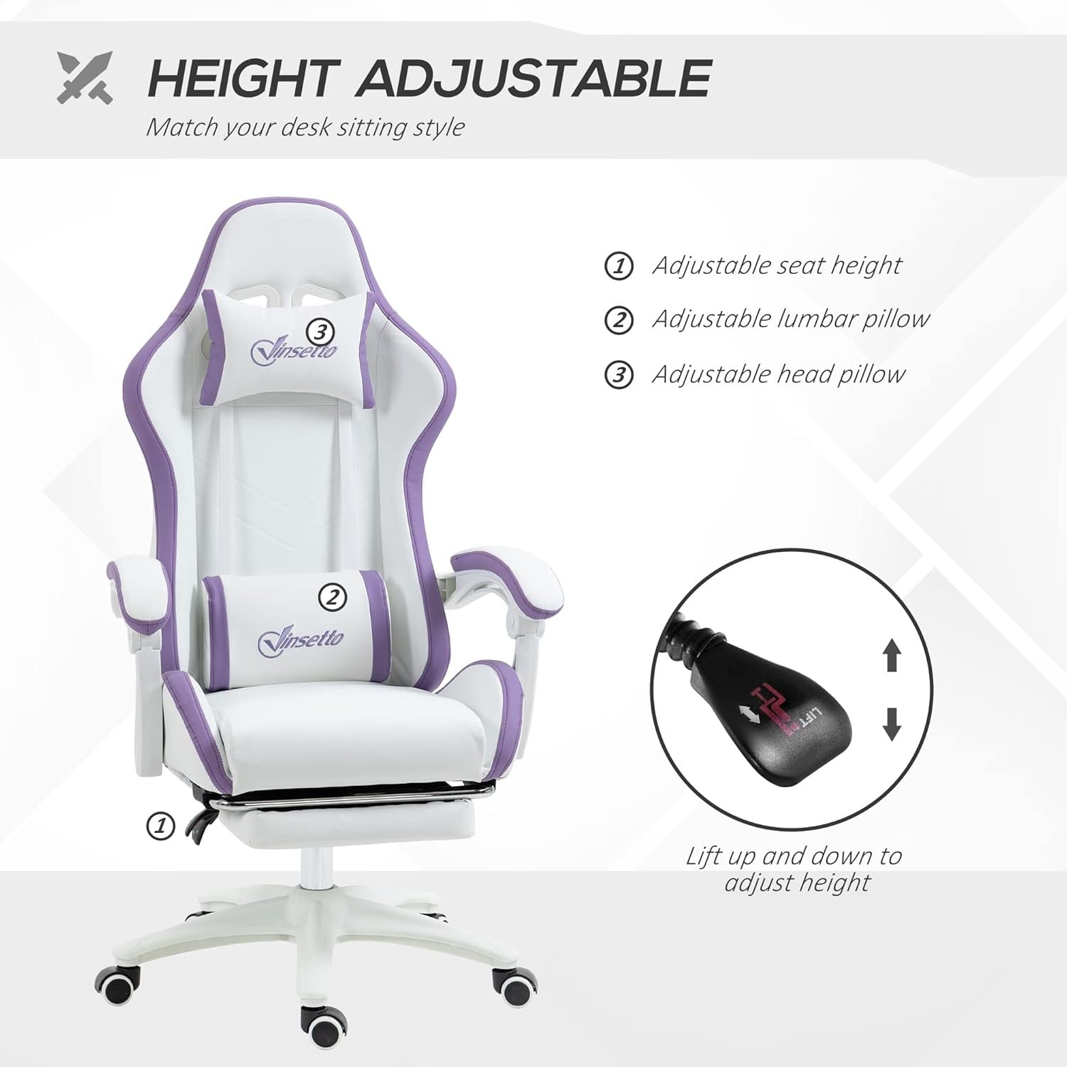 Gaming Chair PU Leather Recliner w/ Footrest 135° Swivel White Purple
