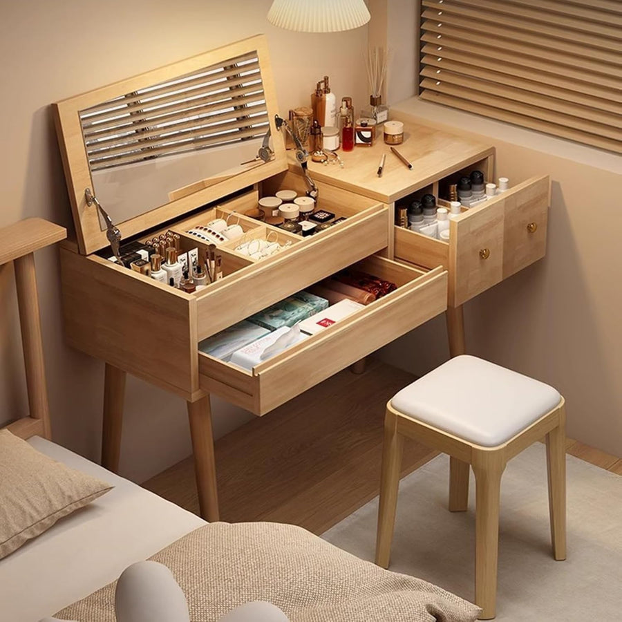 Flip Top Dressing Table Makeup Vanity Desk Rubberwood Mirror Stool Set