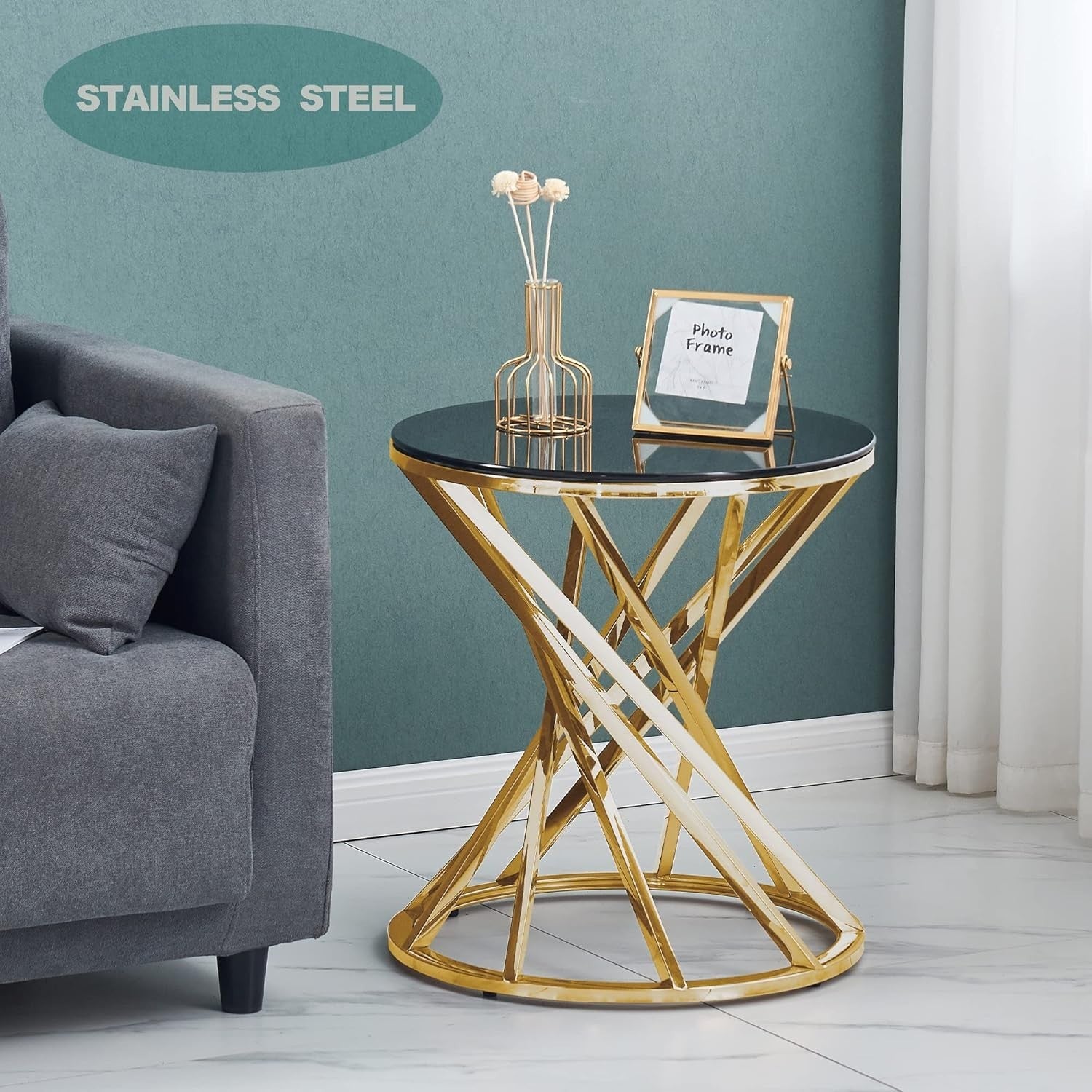 Round Gold Side Table Tempered Glass 50x50cm | Modern End Table for Living Room