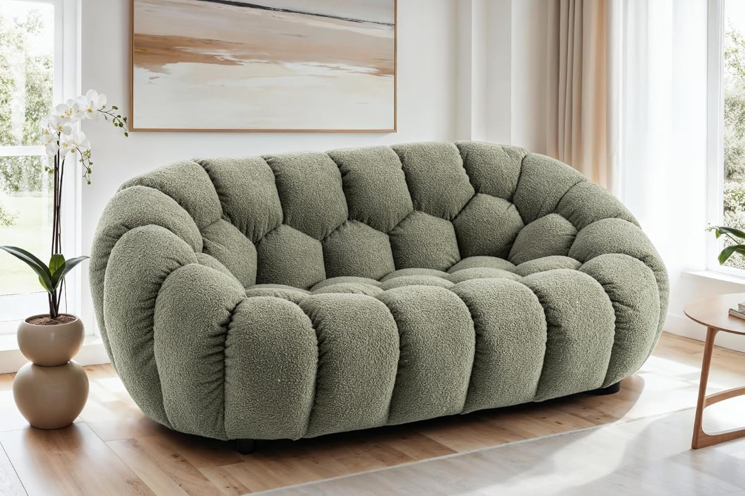 Sage Green Boucle 2 Seater Sofa Modern Teddy Tufted Loveseat Fluffy Couch